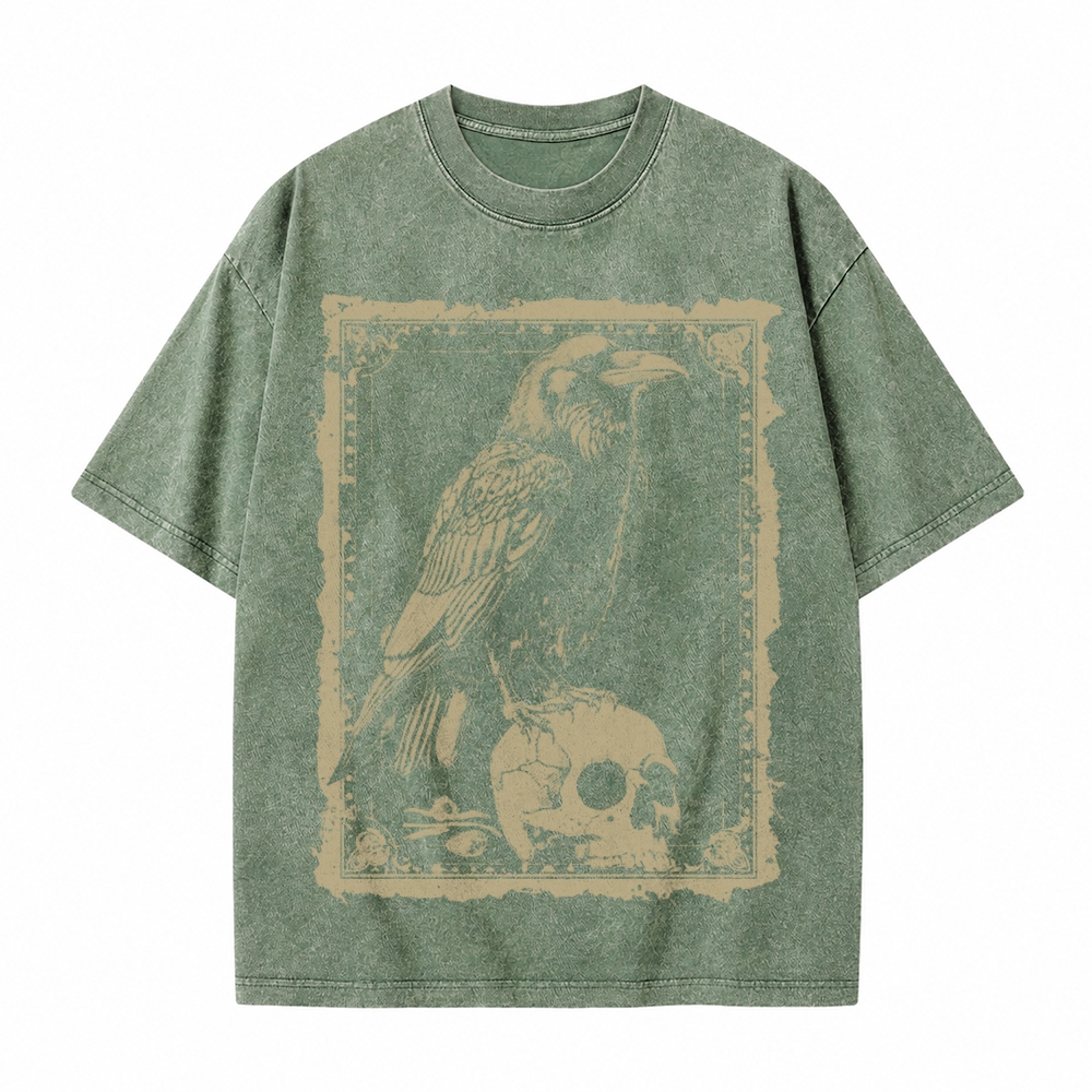 Moonnora Raven Antiqued Treatment Tarot Card On Comfort Colors Washed T-Shirt