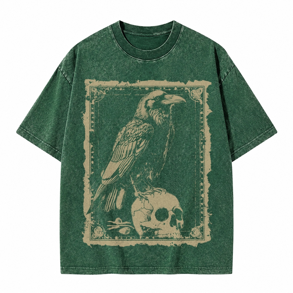 Moonnora Raven Antiqued Treatment Tarot Card On Comfort Colors Washed T-Shirt