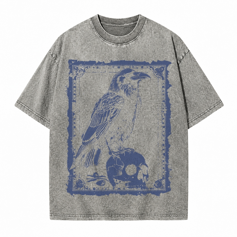 Moonnora Raven Antiqued Treatment Tarot Card On Comfort Colors Washed T-Shirt