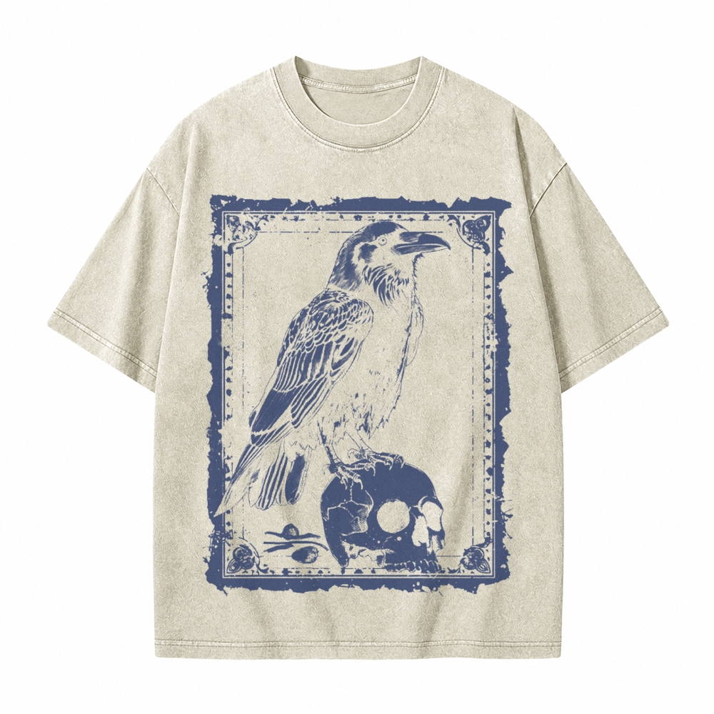 Moonnora Raven Antiqued Treatment Tarot Card On Comfort Colors Washed T-Shirt