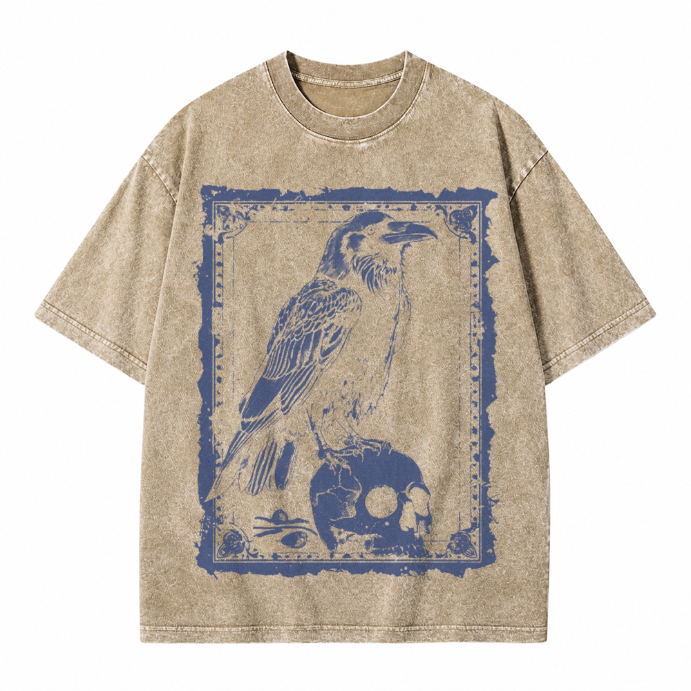 Moonnora Raven Antiqued Treatment Tarot Card On Comfort Colors Washed T-Shirt