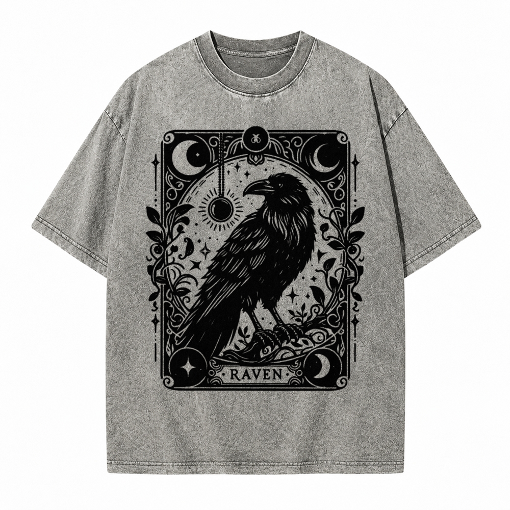 Moonnora Raven Halloween Bird Tarot Card On Comfort Colors Washed T-Shirt