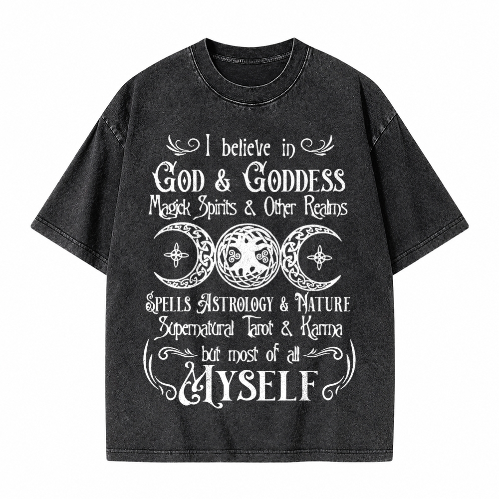 Moonnora I Believe In God And Karma But Most Of All Myself Funny Tarot Card On Comfort Colors Washed T-Shirt