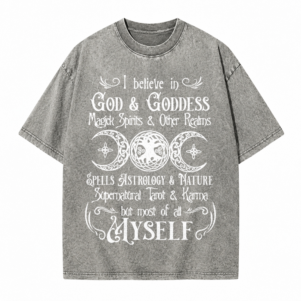 Moonnora I Believe In God And Karma But Most Of All Myself Funny Tarot Card On Comfort Colors Washed T-Shirt