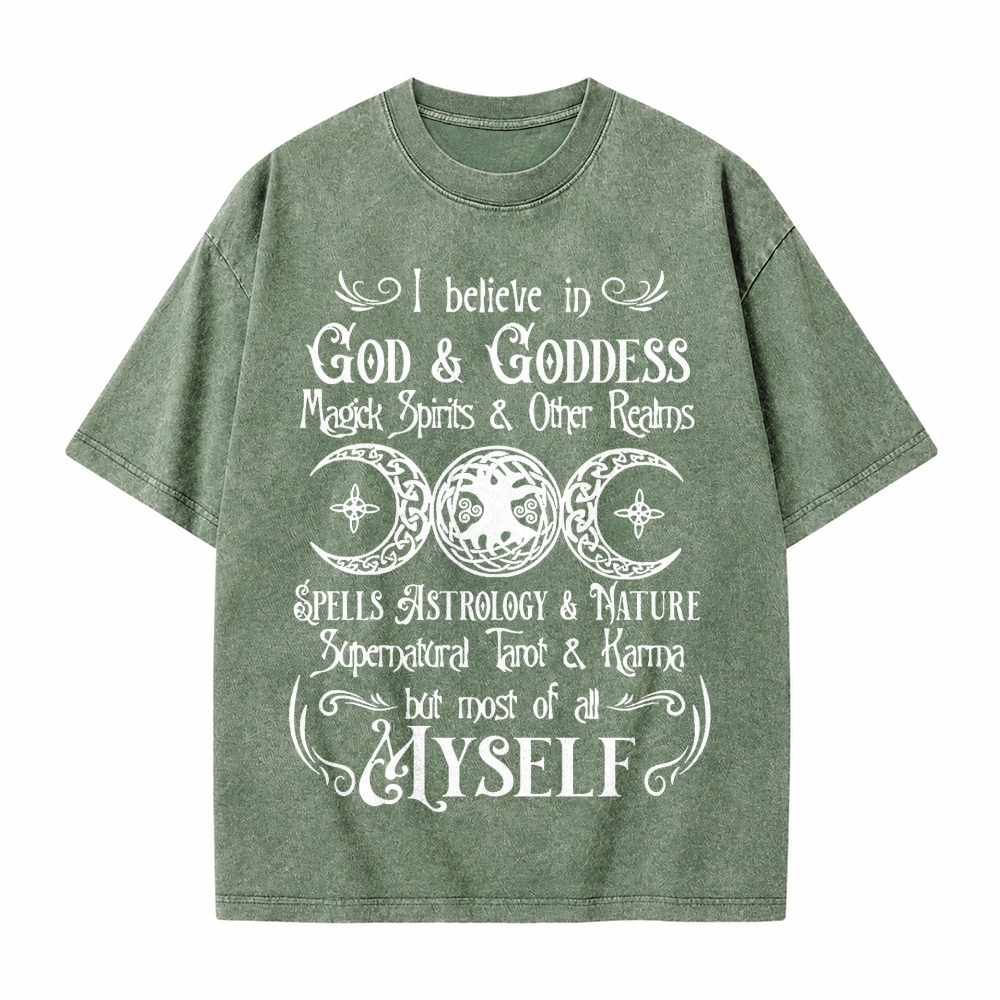 Moonnora I Believe In God And Karma But Most Of All Myself Funny Tarot Card On Comfort Colors Washed T-Shirt