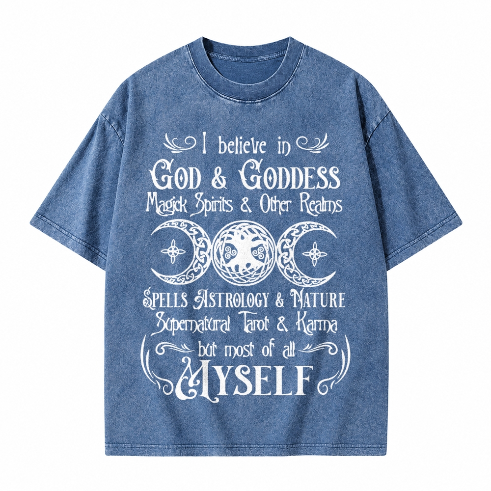 Moonnora I Believe In God And Karma But Most Of All Myself Funny Tarot Card On Comfort Colors Washed T-Shirt