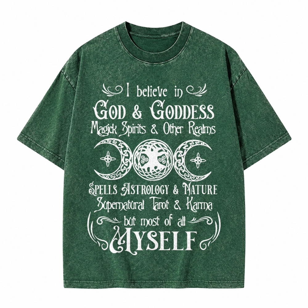 Moonnora I Believe In God And Karma But Most Of All Myself Funny Tarot Card On Comfort Colors Washed T-Shirt