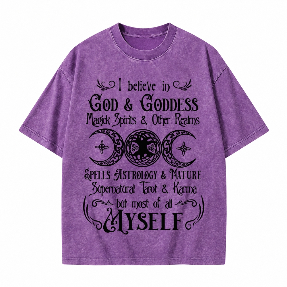 Moonnora I Believe In God And Karma But Most Of All Myself Funny Tarot Card On Comfort Colors Washed T-Shirt