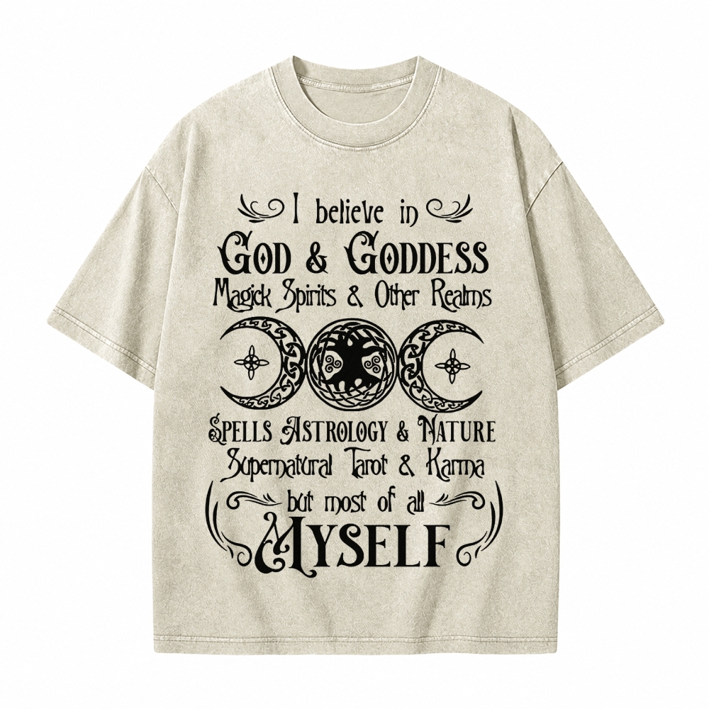 Moonnora I Believe In God And Karma But Most Of All Myself Funny Tarot Card On Comfort Colors Washed T-Shirt