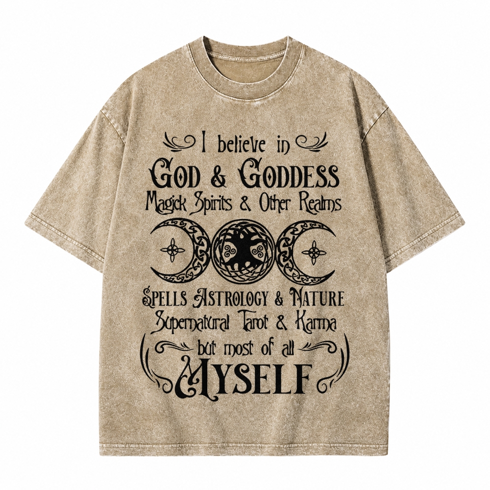 Moonnora I Believe In God And Karma But Most Of All Myself Funny Tarot Card On Comfort Colors Washed T-Shirt