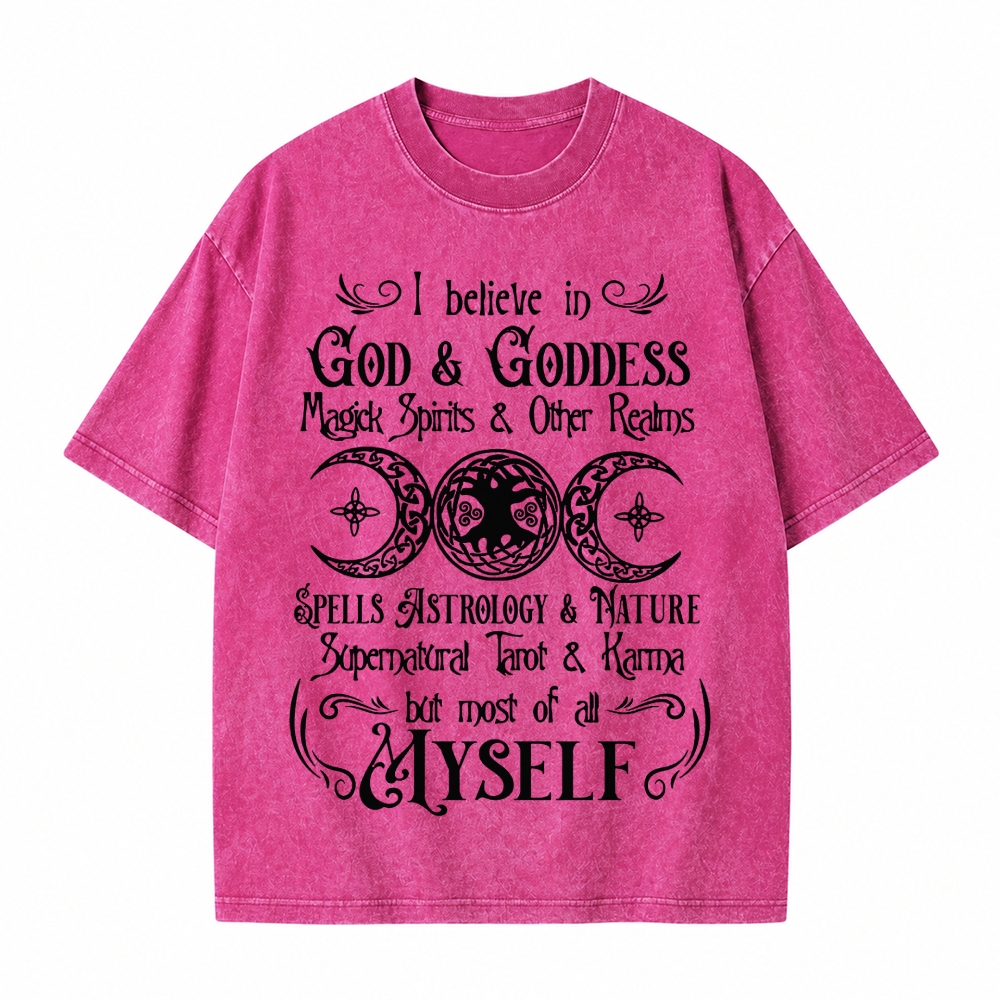 Moonnora I Believe In God And Karma But Most Of All Myself Funny Tarot Card On Comfort Colors Washed T-Shirt