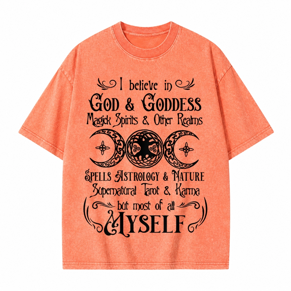 Moonnora I Believe In God And Karma But Most Of All Myself Funny Tarot Card On Comfort Colors Washed T-Shirt