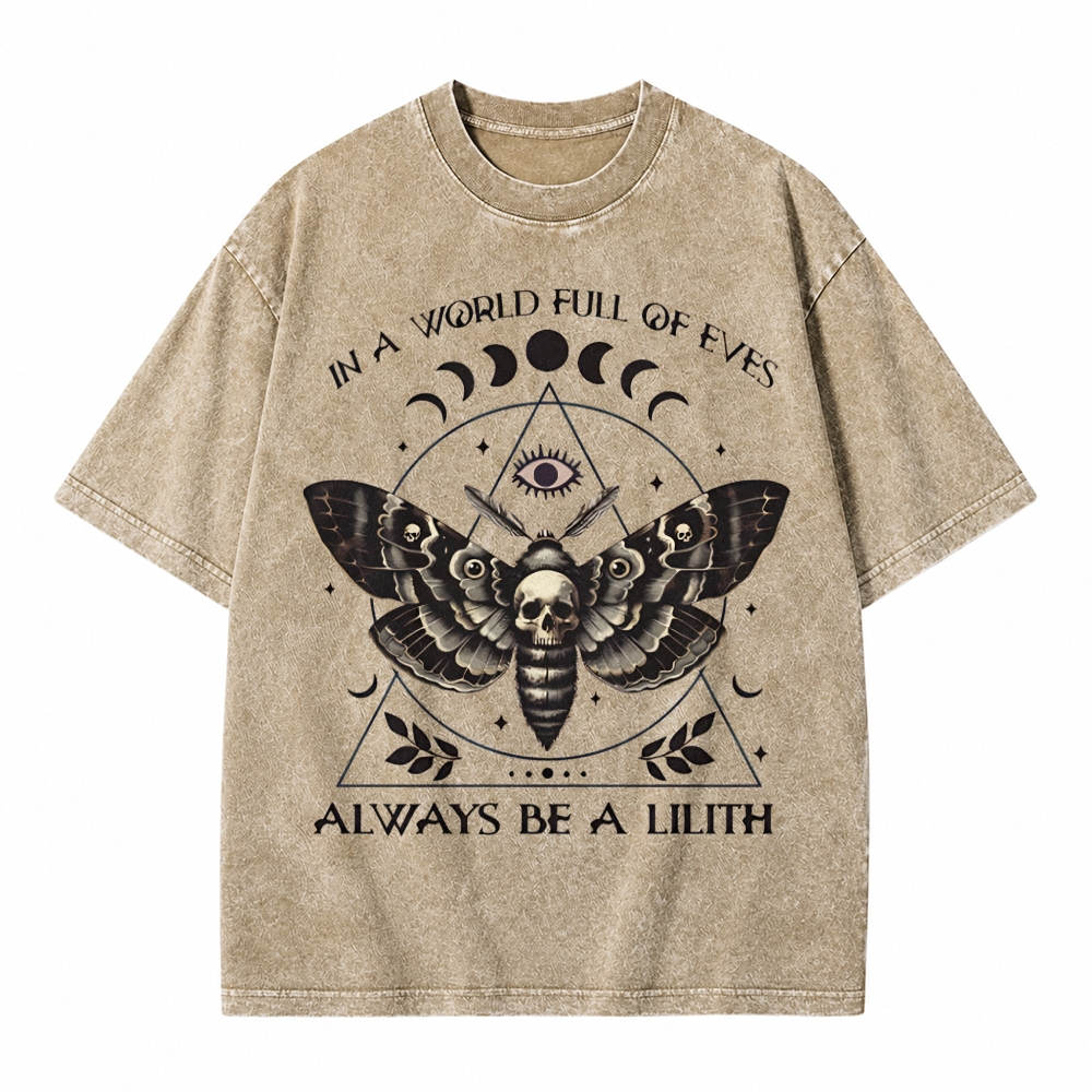 Moonnora In A World Of Eves Always Be A Lilith Moth Skull Tarot Card On Comfort Colors Washed T-Shirt