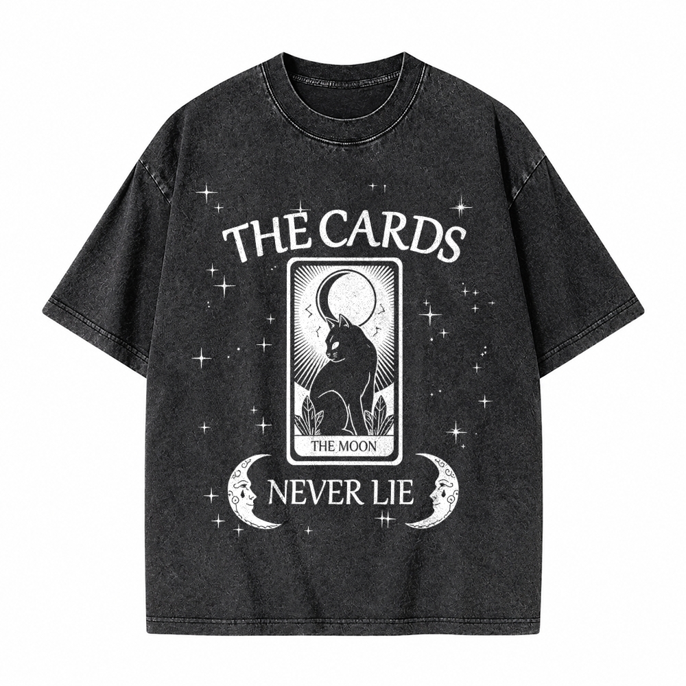 Moonnora The Cards Never Lie Black Cat The Moon Tarot Card On Comfort Colors Washed T-Shirt