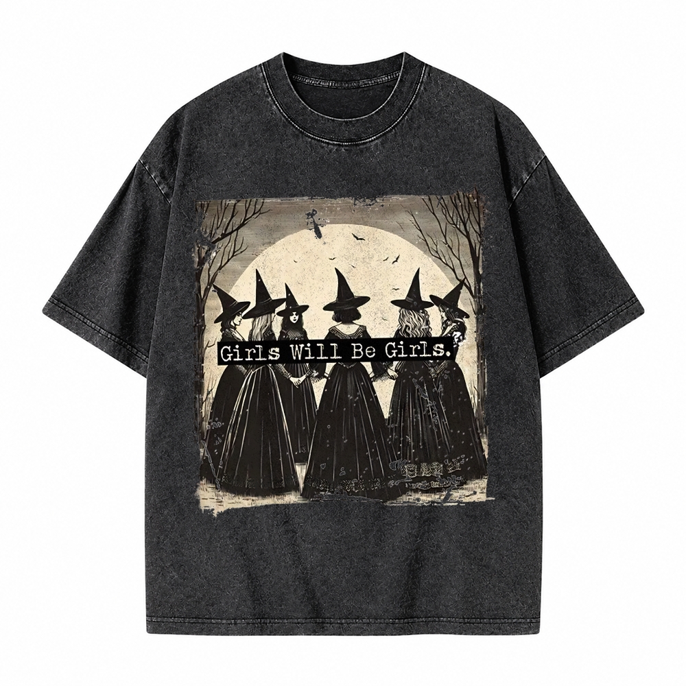 Moonnora Vintage Girls Will Be Girls Witch Halloween Tarot Card On Comfort Colors Washed T-Shirt