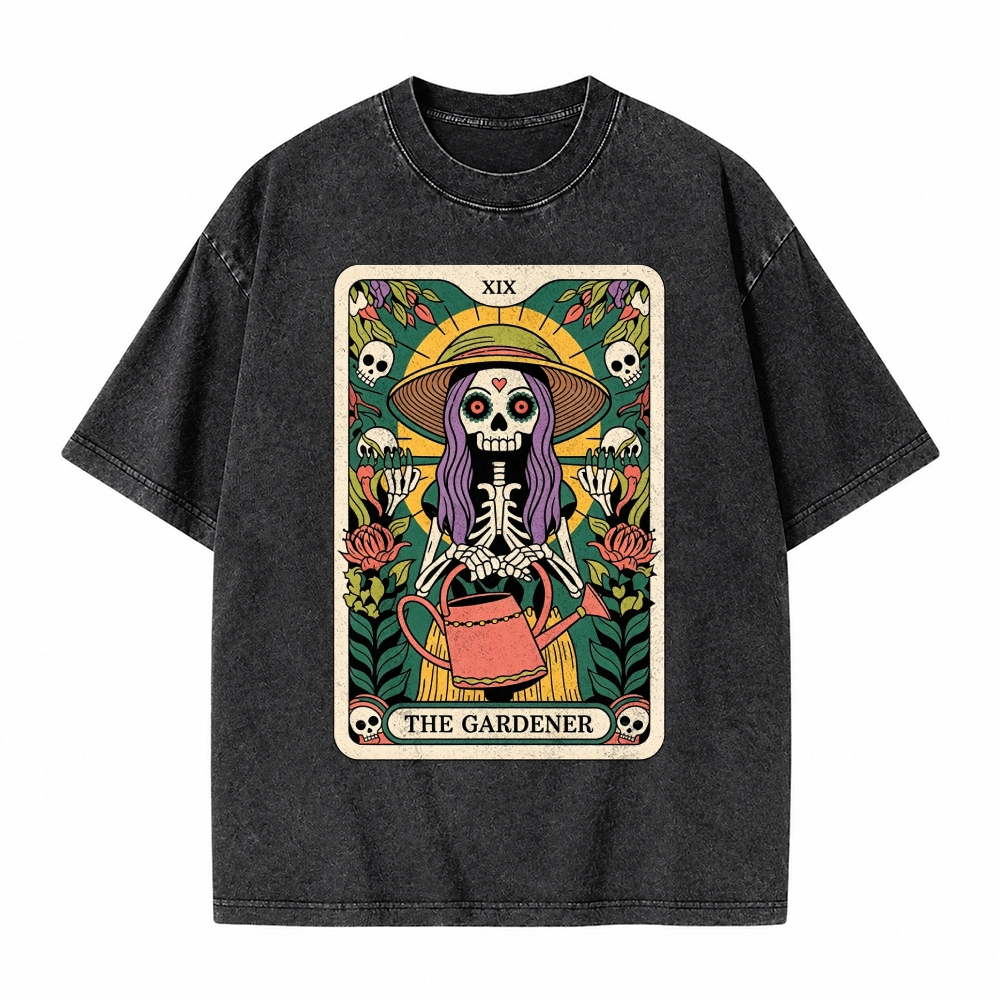Moonnora The Gardener Skeleton Heal Tarot Card On Comfort Colors Washed T-Shirt