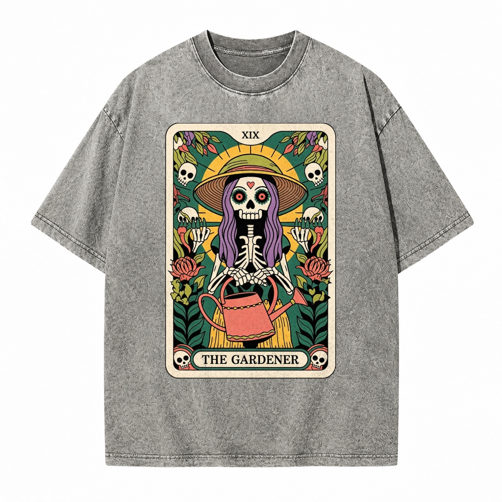 Moonnora The Gardener Skeleton Heal Tarot Card On Comfort Colors Washed T-Shirt
