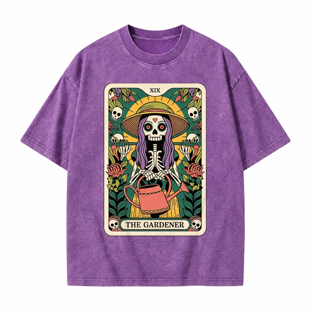 Moonnora The Gardener Skeleton Heal Tarot Card On Comfort Colors Washed T-Shirt