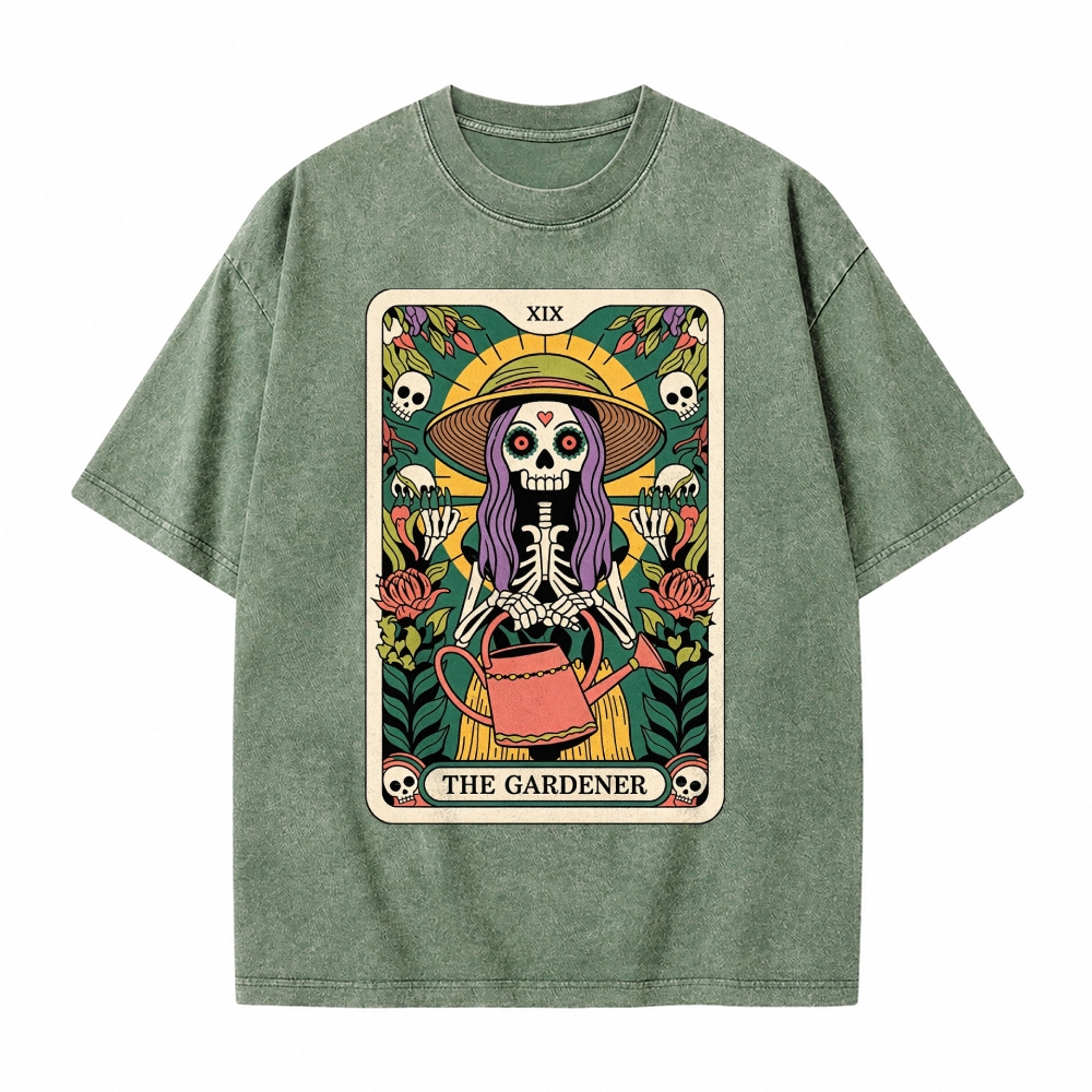 Moonnora The Gardener Skeleton Heal Tarot Card On Comfort Colors Washed T-Shirt