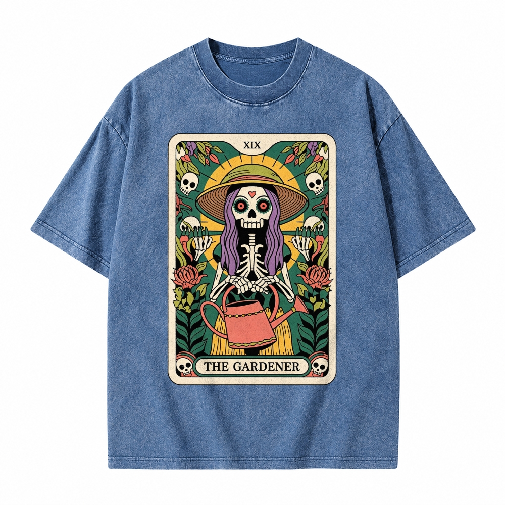 Moonnora The Gardener Skeleton Heal Tarot Card On Comfort Colors Washed T-Shirt
