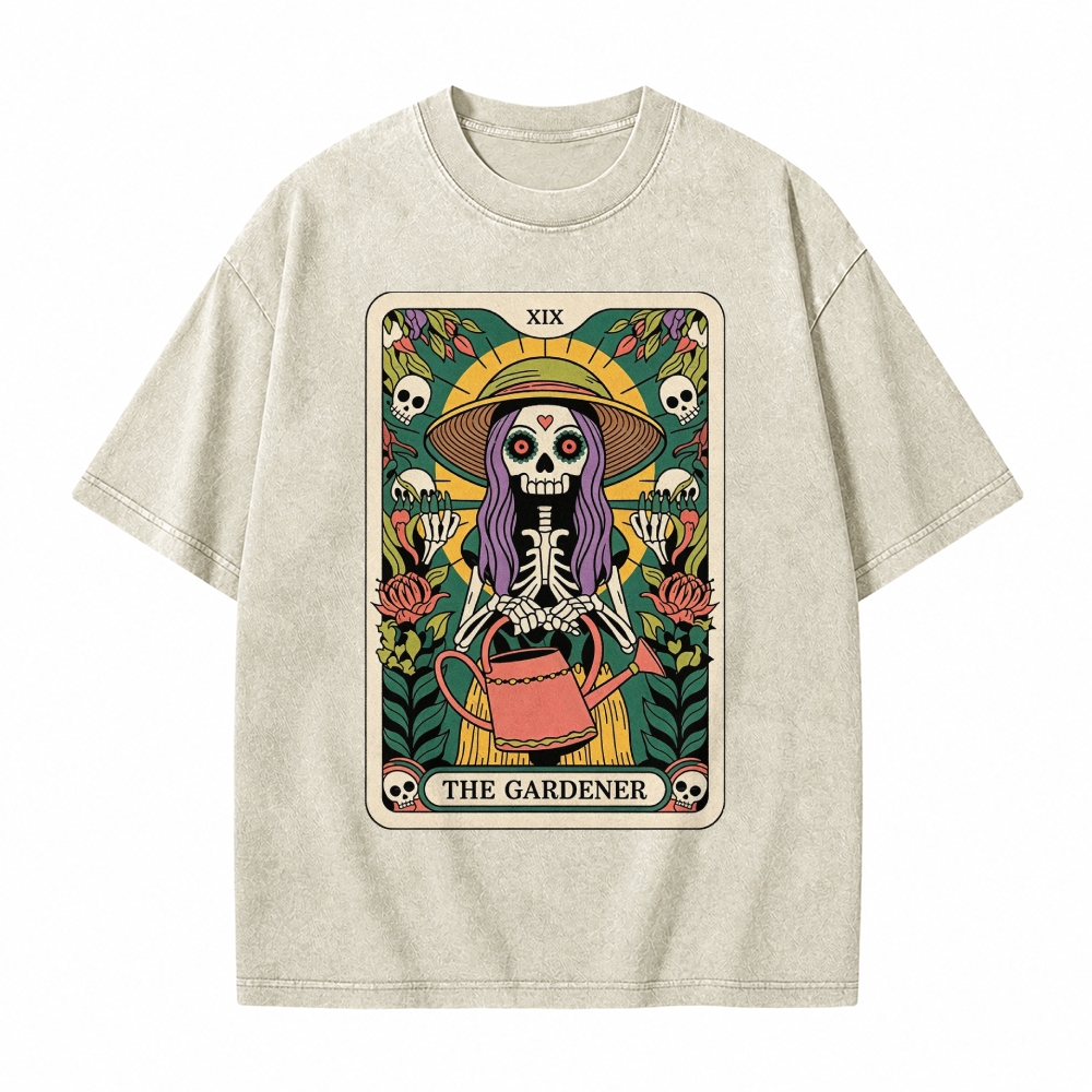 Moonnora The Gardener Skeleton Heal Tarot Card On Comfort Colors Washed T-Shirt