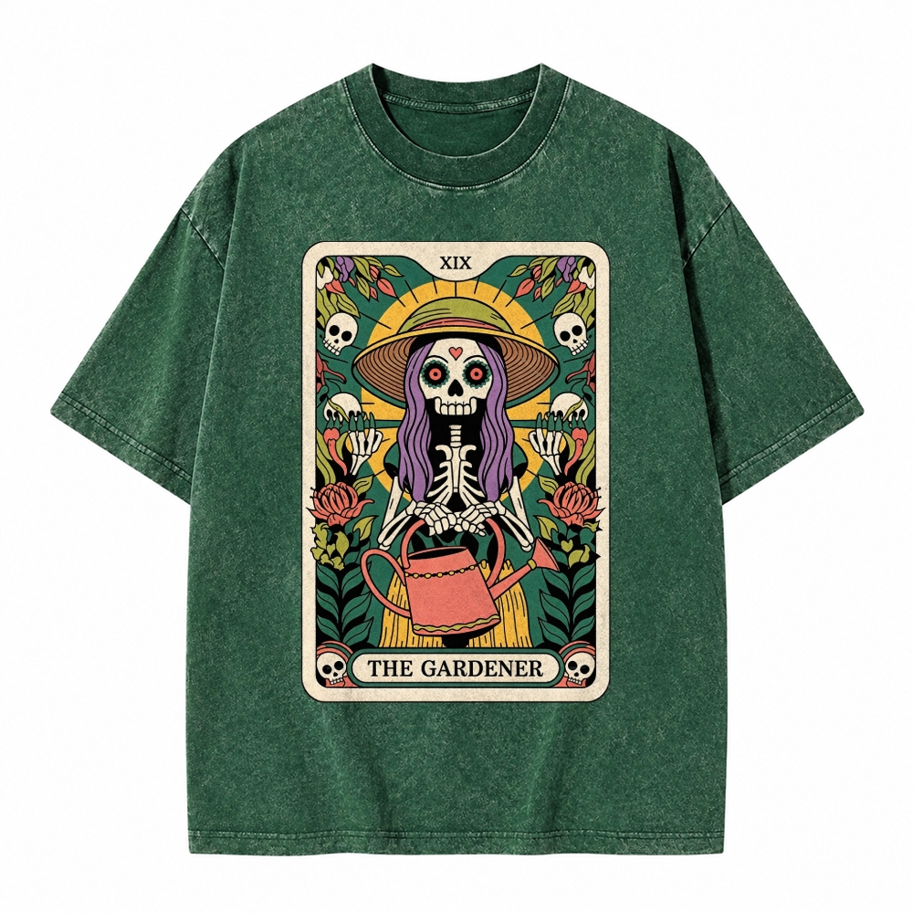 Moonnora The Gardener Skeleton Heal Tarot Card On Comfort Colors Washed T-Shirt