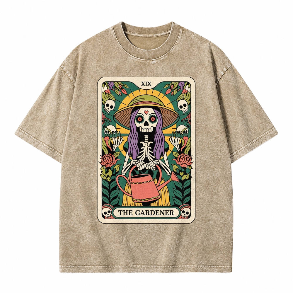 Moonnora The Gardener Skeleton Heal Tarot Card On Comfort Colors Washed T-Shirt