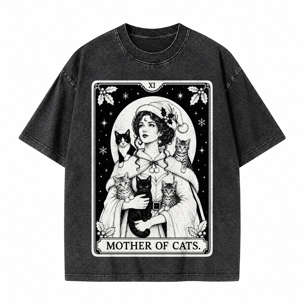 Moonnora Mother of Cats Christmas Tarot Card On Comfort Colors Washed T-Shirt