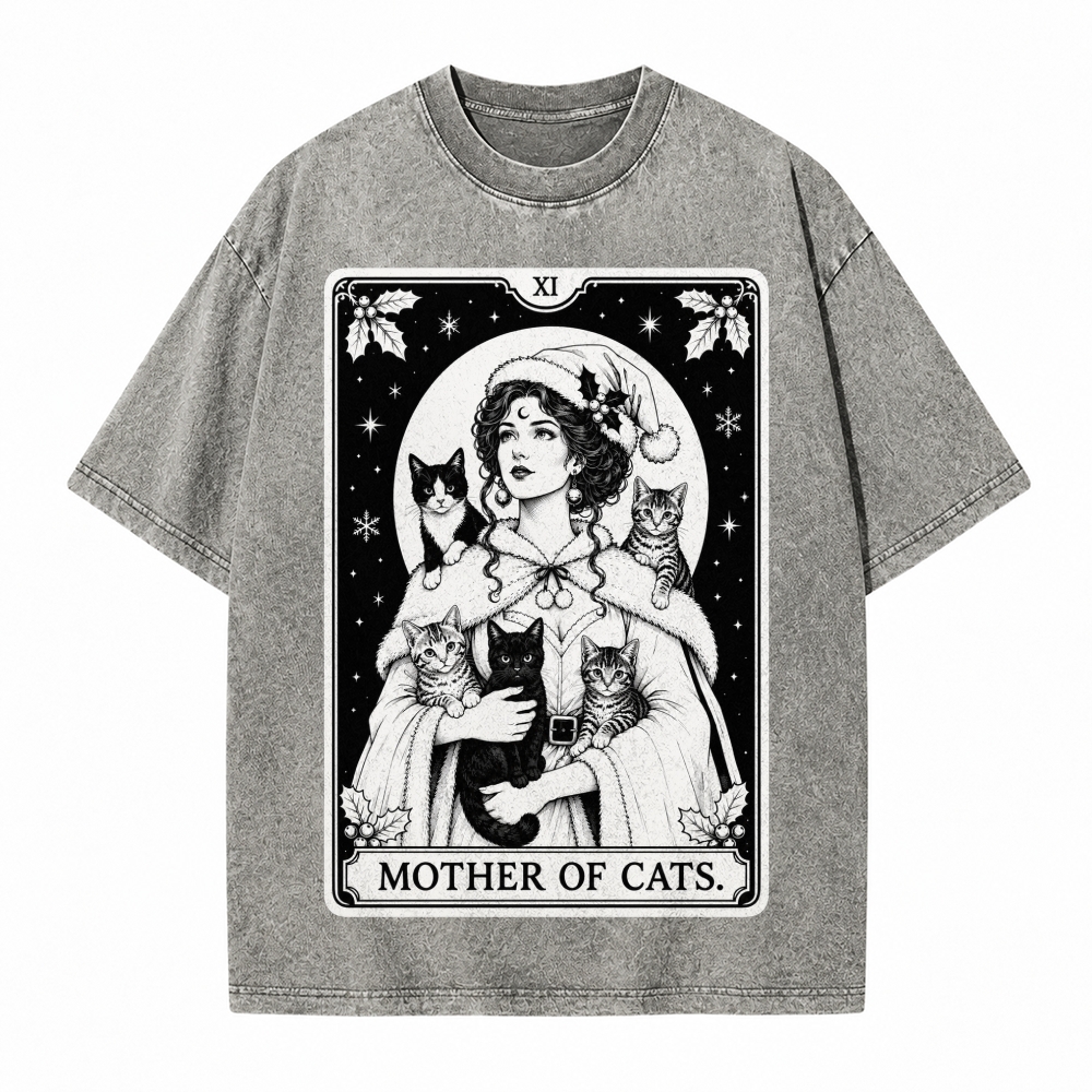 Moonnora Mother of Cats Christmas Tarot Card On Comfort Colors Washed T-Shirt