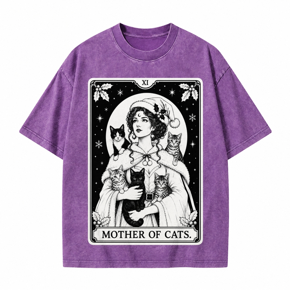 Moonnora Mother of Cats Christmas Tarot Card On Comfort Colors Washed T-Shirt