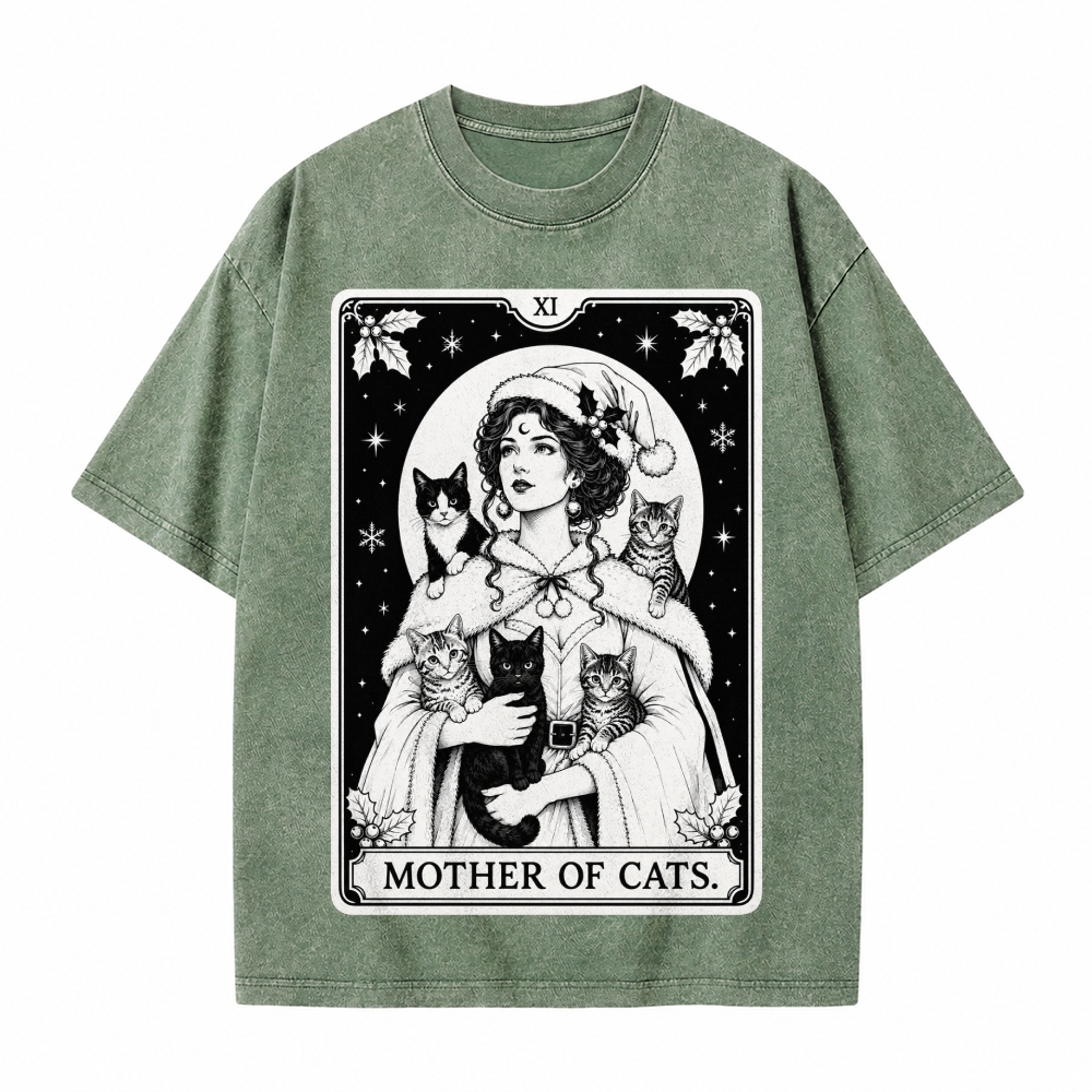 Moonnora Mother of Cats Christmas Tarot Card On Comfort Colors Washed T-Shirt