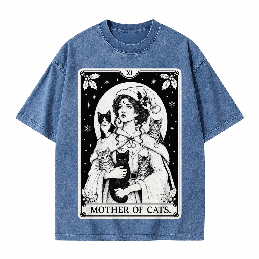 Moonnora Mother of Cats Christmas Tarot Card On Comfort Colors Washed T-Shirt