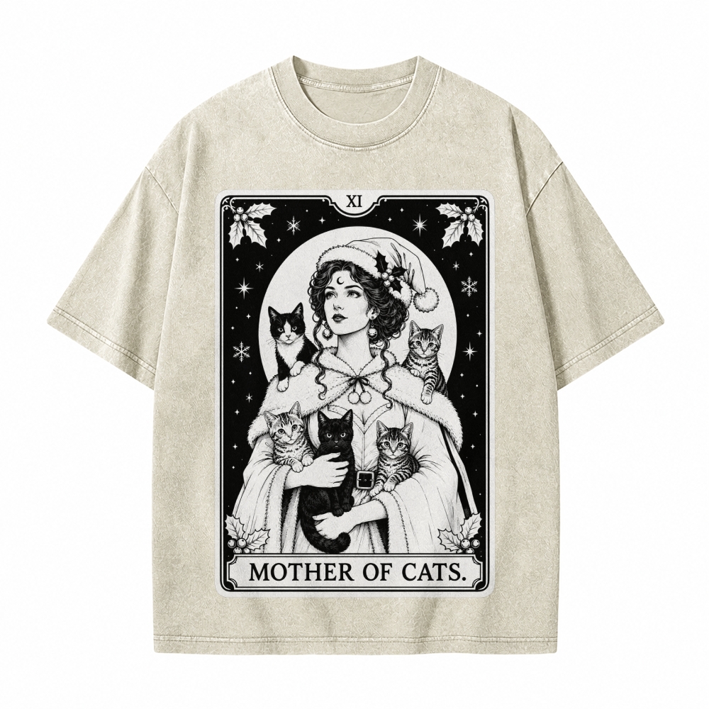 Moonnora Mother of Cats Christmas Tarot Card On Comfort Colors Washed T-Shirt
