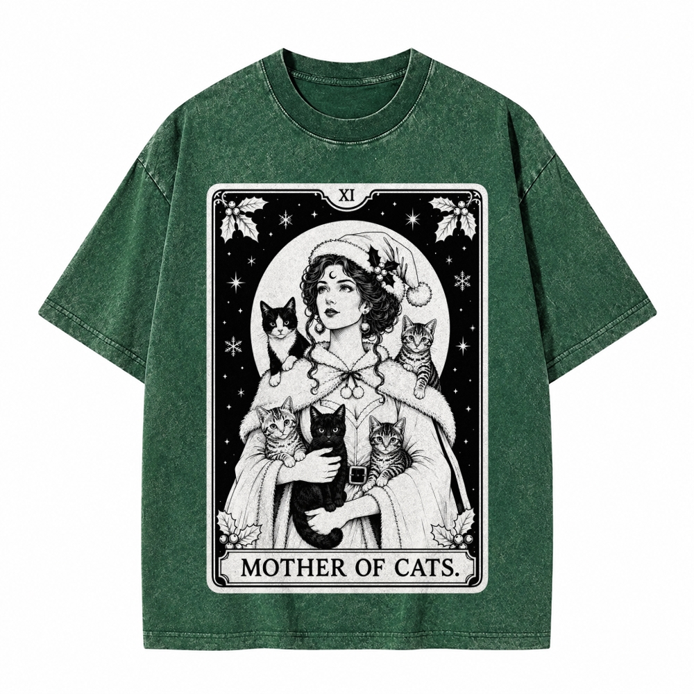 Moonnora Mother of Cats Christmas Tarot Card On Comfort Colors Washed T-Shirt