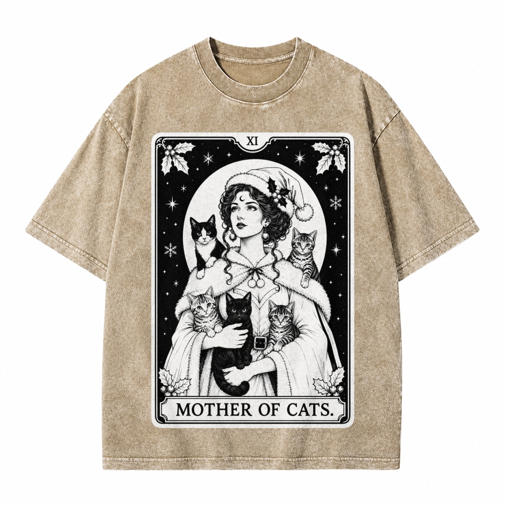 Moonnora Mother of Cats Christmas Tarot Card On Comfort Colors Washed T-Shirt