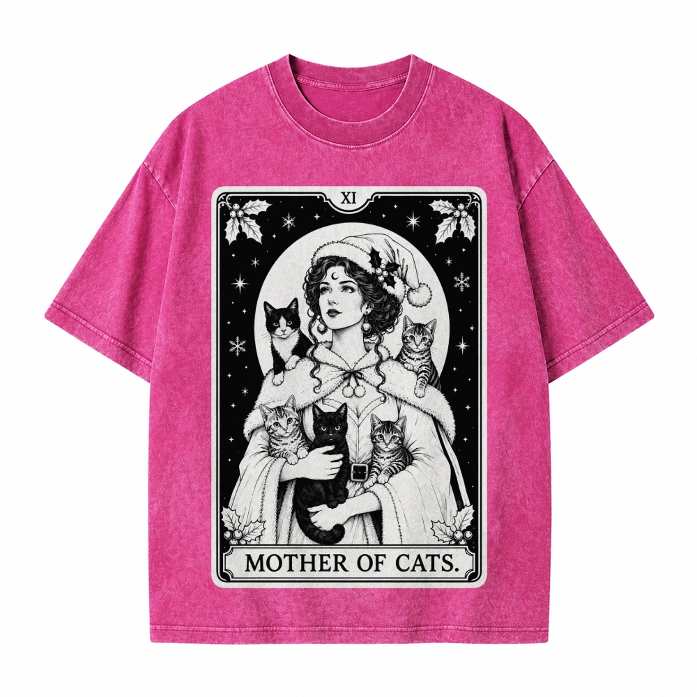 Moonnora Mother of Cats Christmas Tarot Card On Comfort Colors Washed T-Shirt