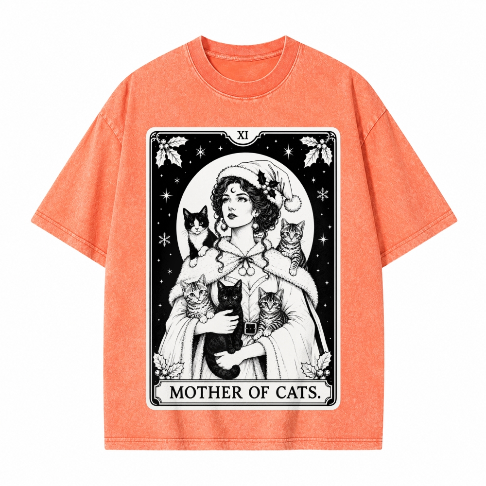 Moonnora Mother of Cats Christmas Tarot Card On Comfort Colors Washed T-Shirt