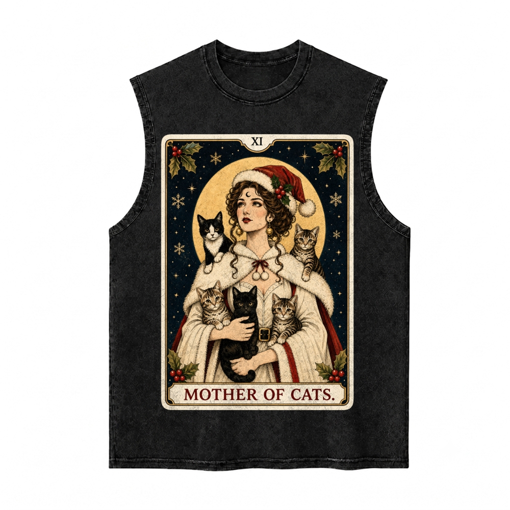 Moonnora Mother of Cats Christmas Tarot Card On Comfort Colors Washed Tank