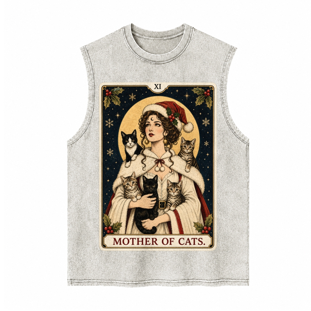 Moonnora Mother of Cats Christmas Tarot Card On Comfort Colors Washed Tank