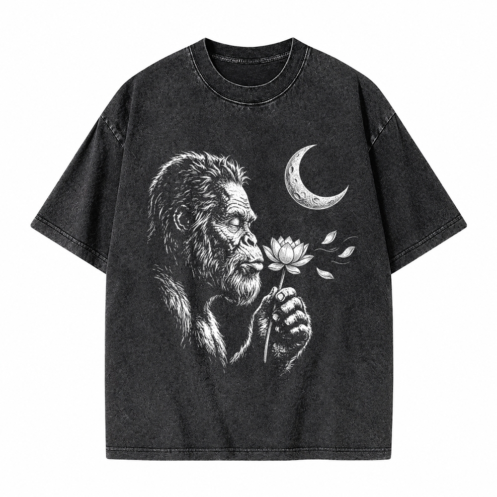 Moonnora Funny Bigfoot Blowing wishes Lotus Flower Dandelion Washed T-Shirt