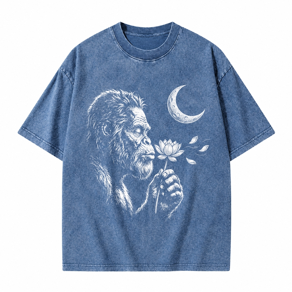 Moonnora Funny Bigfoot Blowing wishes Lotus Flower Dandelion Washed T-Shirt