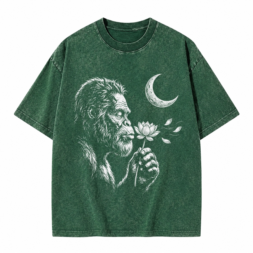 Moonnora Funny Bigfoot Blowing wishes Lotus Flower Dandelion Washed T-Shirt