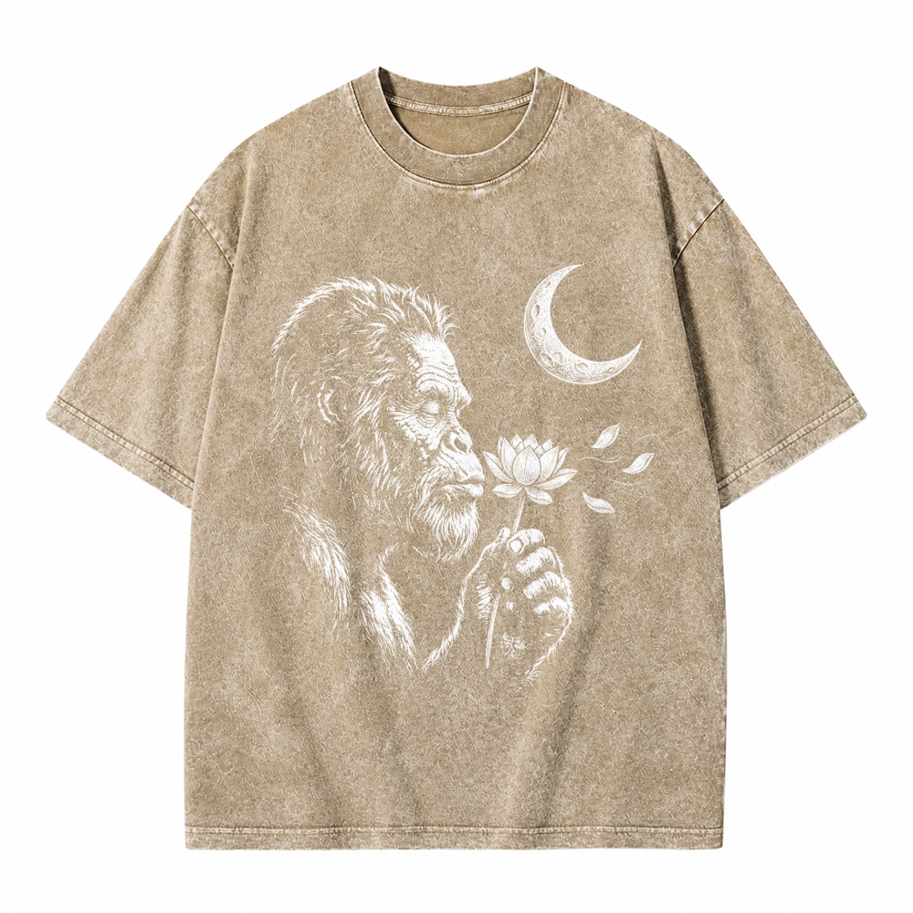 Moonnora Funny Bigfoot Blowing wishes Lotus Flower Dandelion Washed T-Shirt