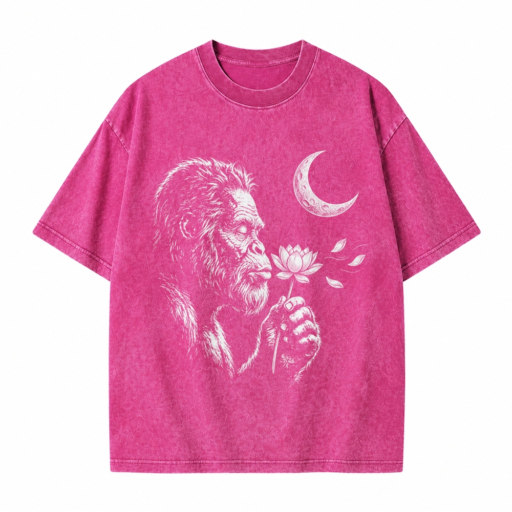 Moonnora Funny Bigfoot Blowing wishes Lotus Flower Dandelion Washed T-Shirt