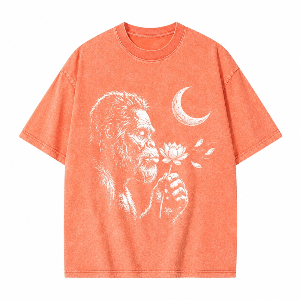 Moonnora Funny Bigfoot Blowing wishes Lotus Flower Dandelion Washed T-Shirt