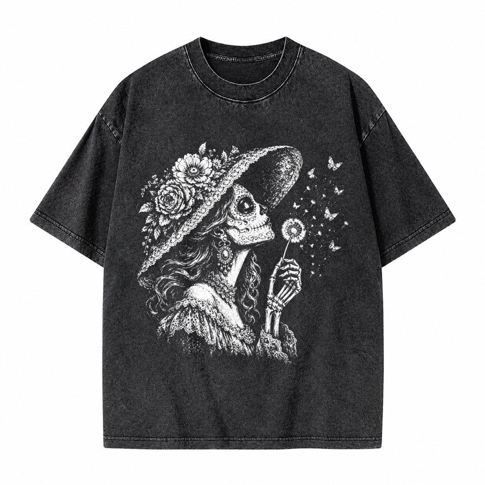 Moonnora Vintage Sugar Skull Blowing Wishes Dandelion Butterflies Washed T-Shirt