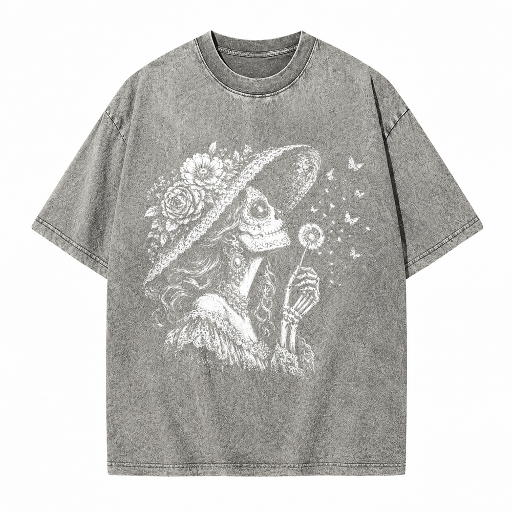 Moonnora Vintage Sugar Skull Blowing Wishes Dandelion Butterflies Washed T-Shirt