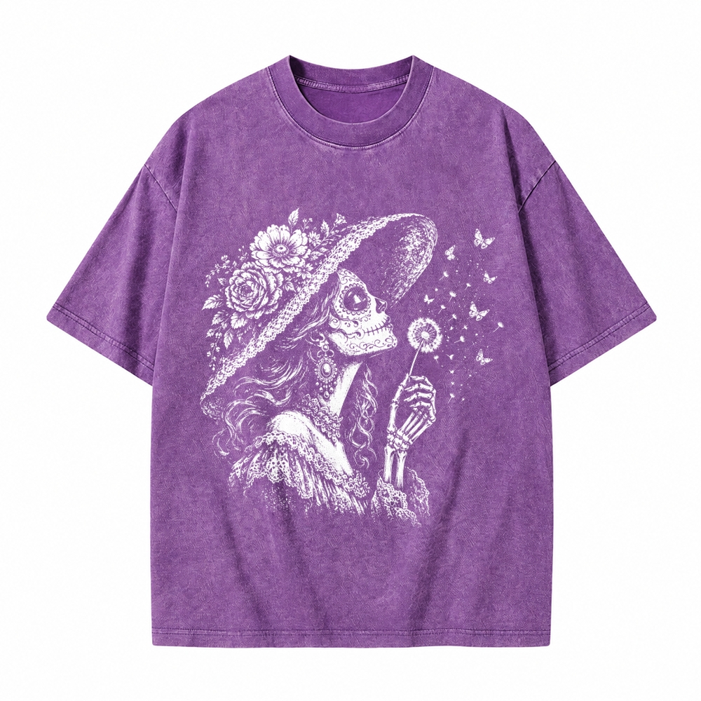 Moonnora Vintage Sugar Skull Blowing Wishes Dandelion Butterflies Washed T-Shirt