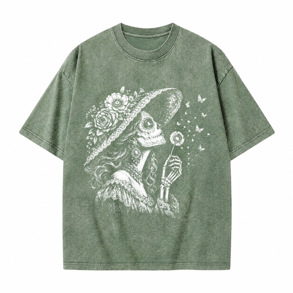 Moonnora Vintage Sugar Skull Blowing Wishes Dandelion Butterflies Washed T-Shirt