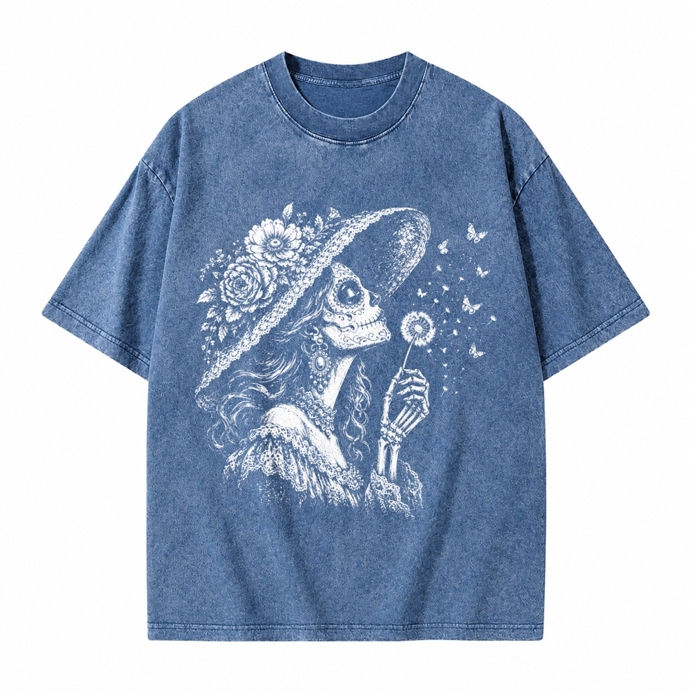 Moonnora Vintage Sugar Skull Blowing Wishes Dandelion Butterflies Washed T-Shirt
